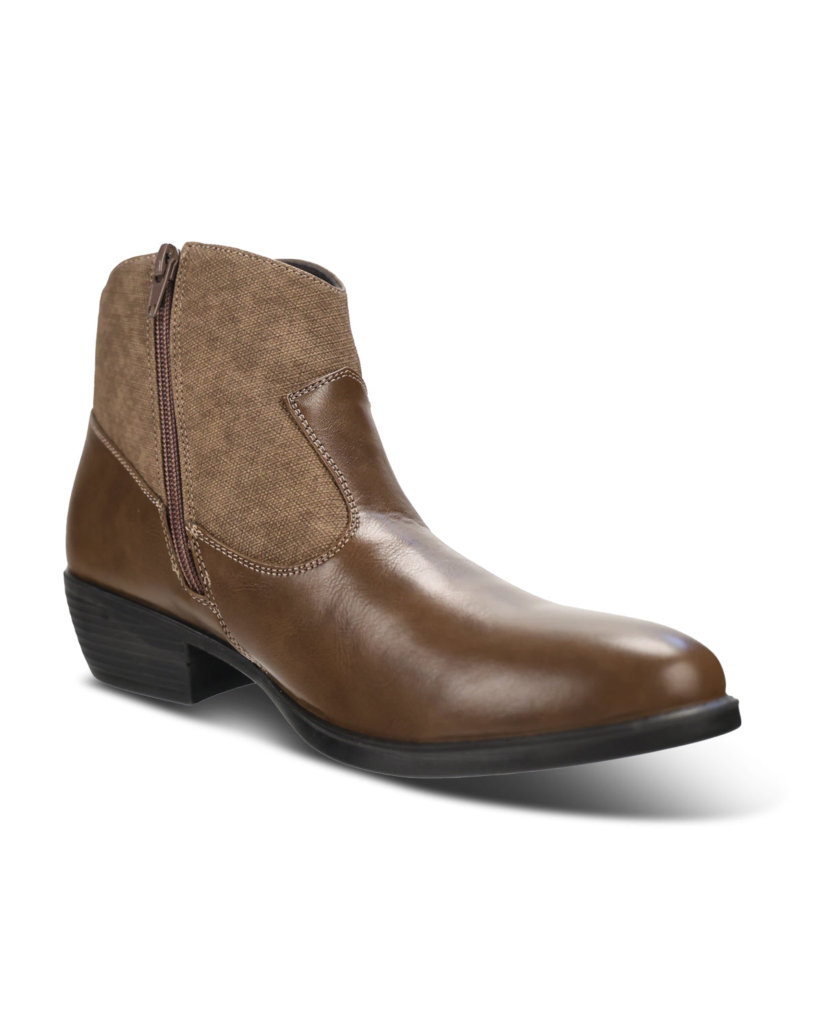 A brown leather and suede ankle boot with a side zipper, shown from a three-quarters angle on a white background.