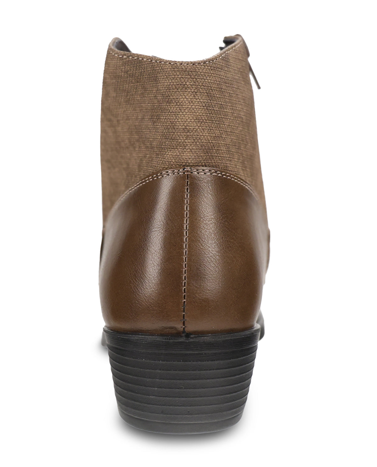 A brown ankle boot shown from the back, featuring a textured brown fabric upper, a smooth brown leather heel counter, and a black ridged sole, set against a plain white background.
