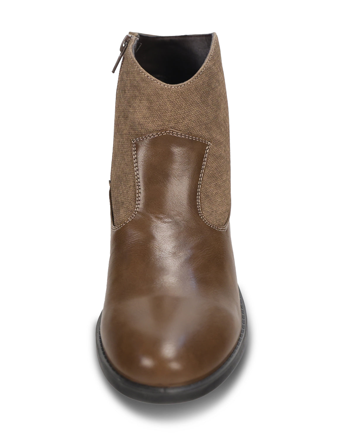 A brown leather ankle boot with a side zipper and contrast stitching on a white background.