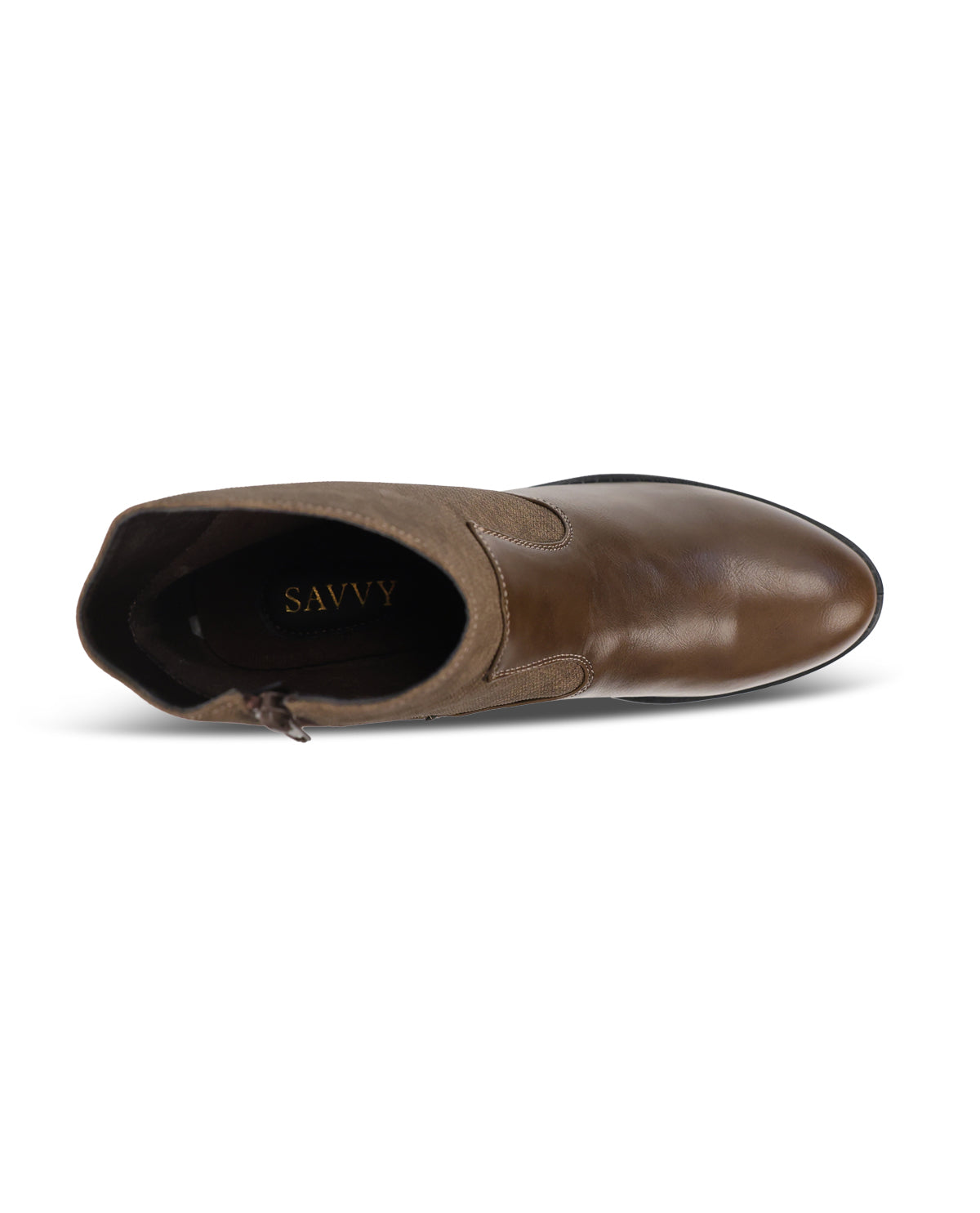 A single brown leather ankle boot shown from a side profile view on a clean white background. The brand name 'SAVVY' is printed in gold on the black interior lining.