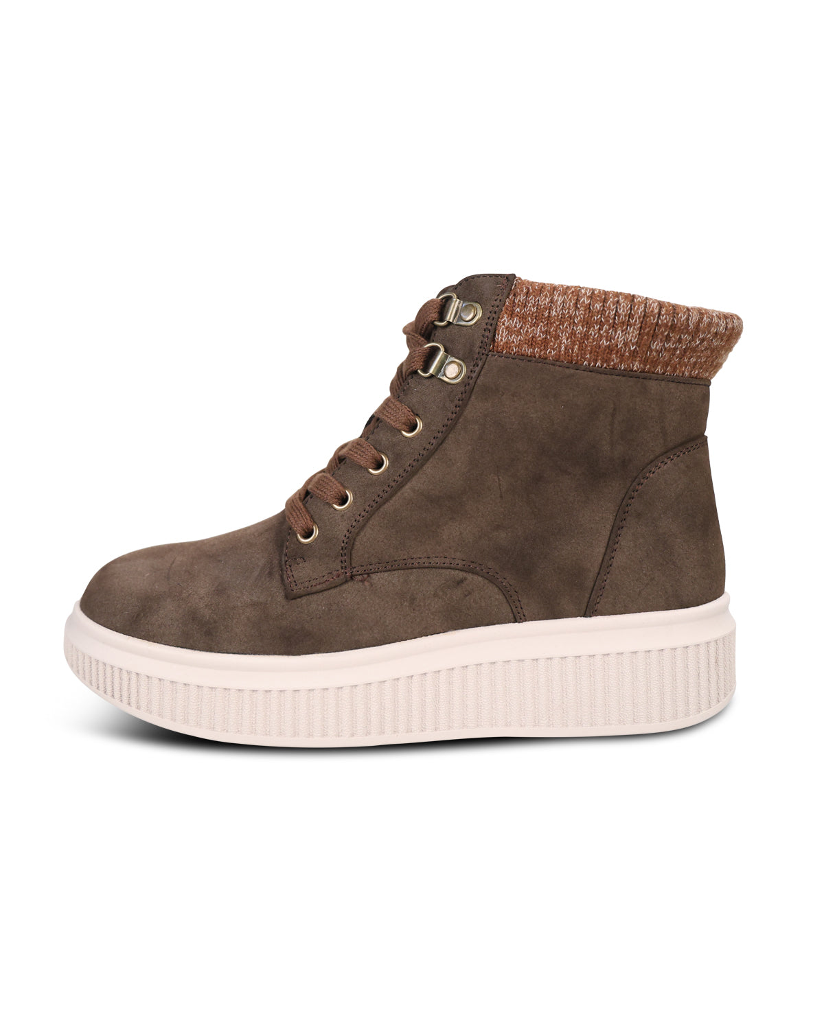 A single mid-calf lace-up boot in dark brown suede with a textured brown knit collar, brown laces, and a thick cream-colored platform sole, shown against a plain white background.