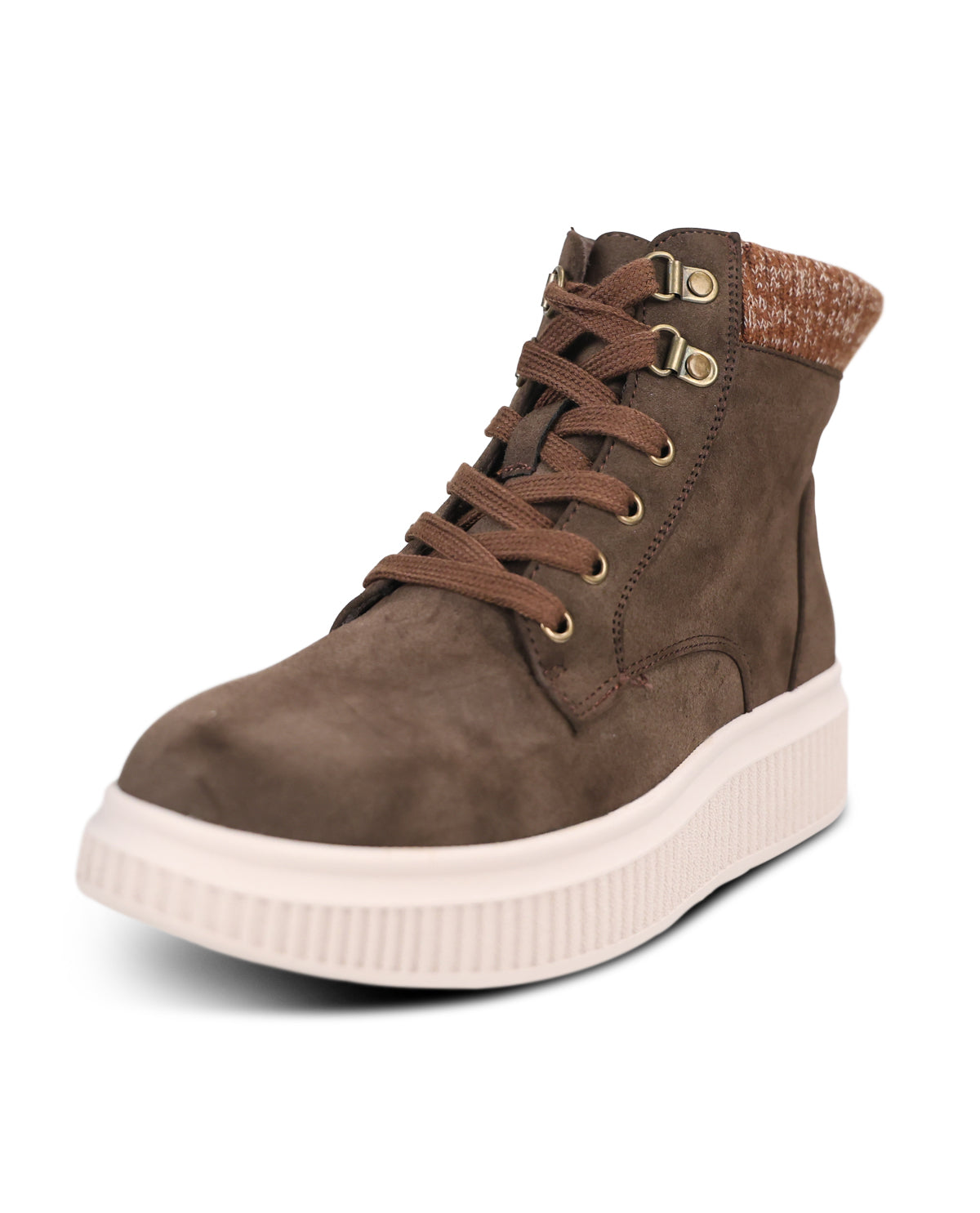 A brown suede lace-up ankle boot with a chunky off-white sole, gold-tone eyelets, and a textured knit collar, shown on a white background.