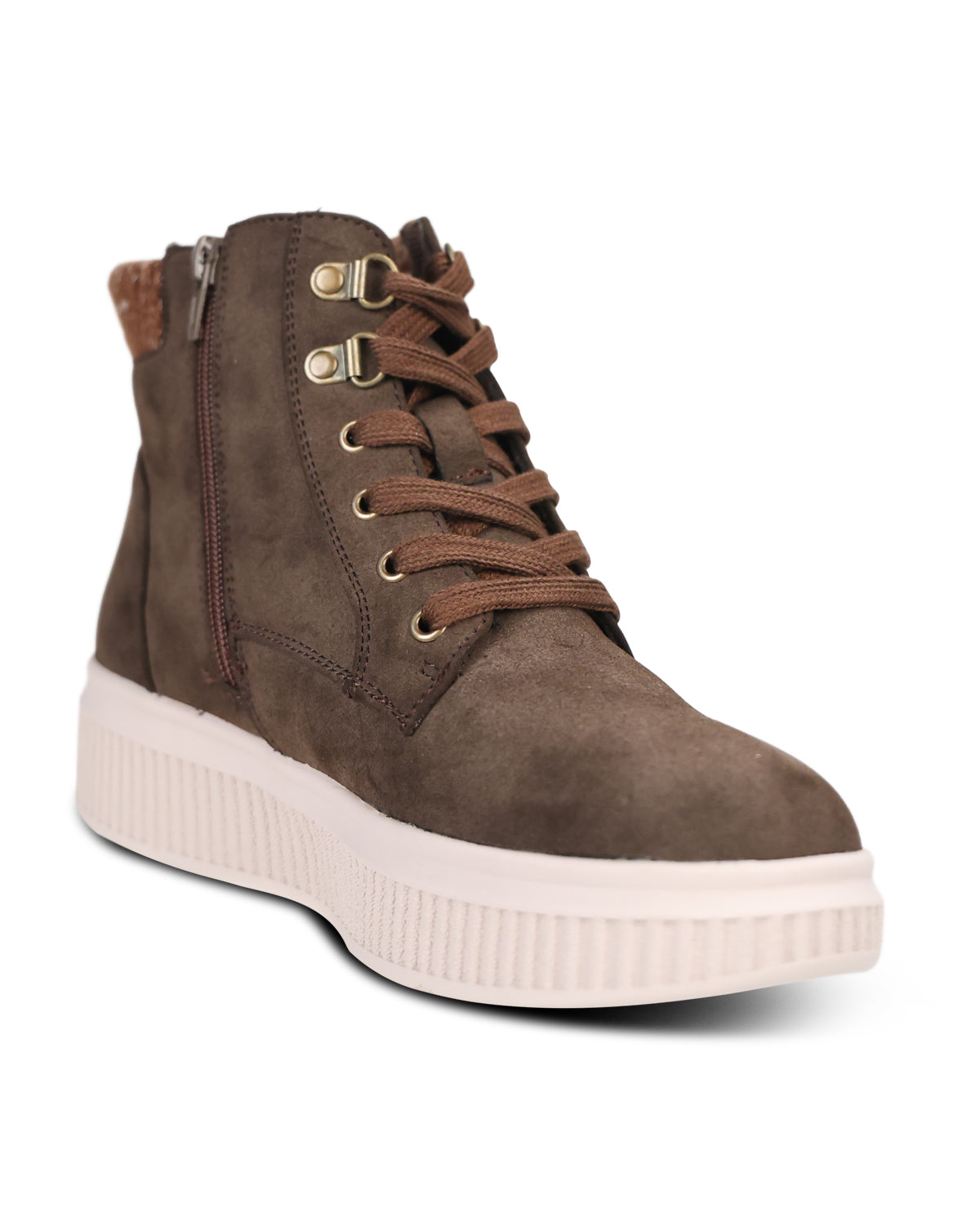 A brown suede lace-up ankle boot with a thick cream-colored platform sole, side zipper, and gold-tone hardware, shown on a plain white background.