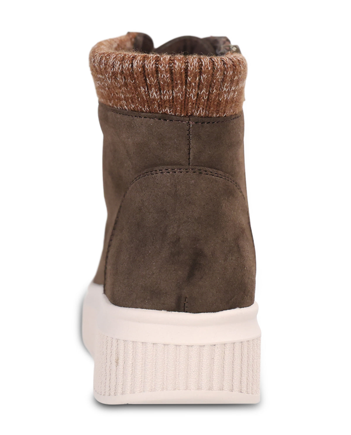 A single brown suede ankle boot with a ribbed knit brown and beige cuff, shown from a rear three-quarter view on a white background.