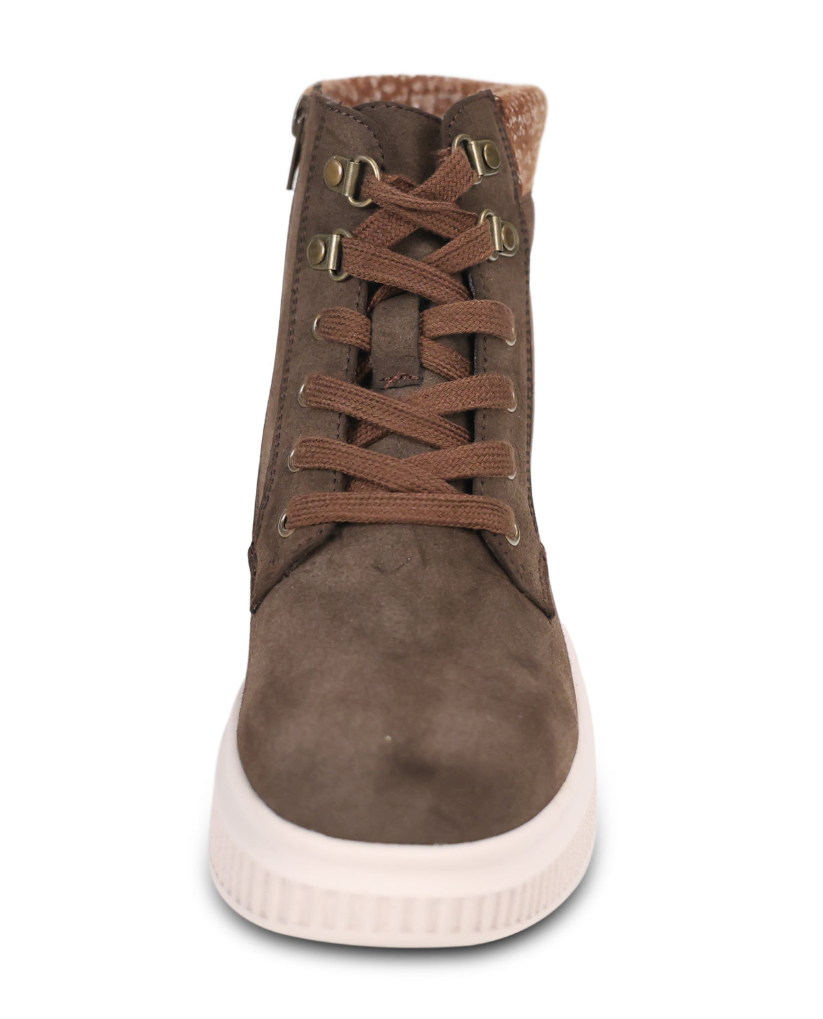 A single brown suede lace-up ankle boot with a thick white sole, shown from a front-facing perspective on a white background.