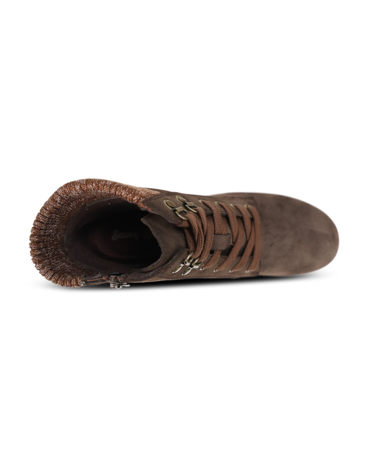 A brown suede lace-up boot with a fuzzy brown trim around the collar and a side zipper, shown from a side profile view on a white background.
