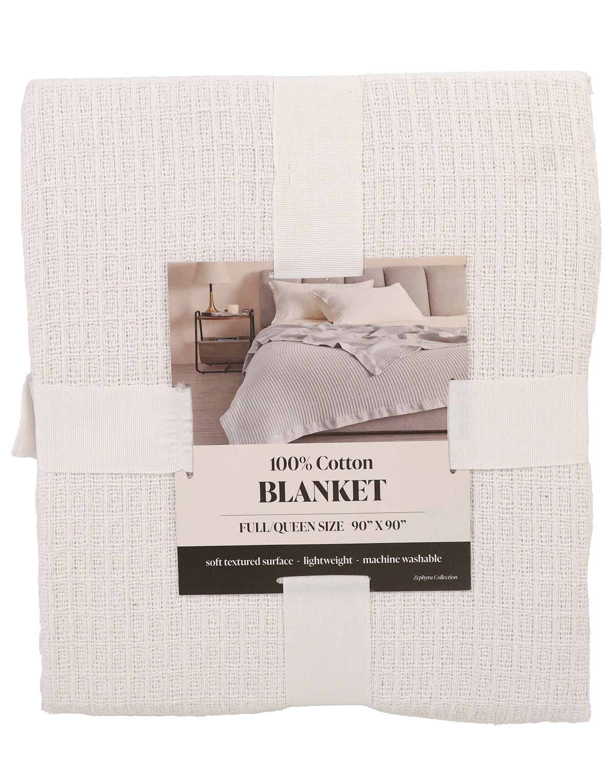 A folded white textured cotton blanket with a paper label showing a bedroom photo and text that reads '100% Cotton BLANKET' and 'FULL QUEEN SIZE: 90" x 90"'.