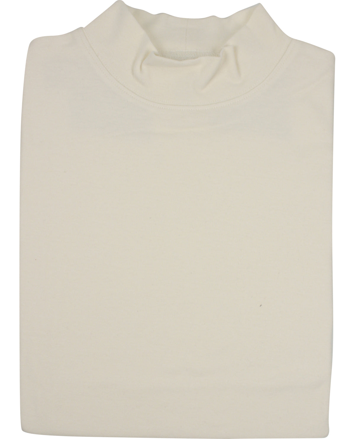 Folded cream-colored turtleneck sweater on a white background