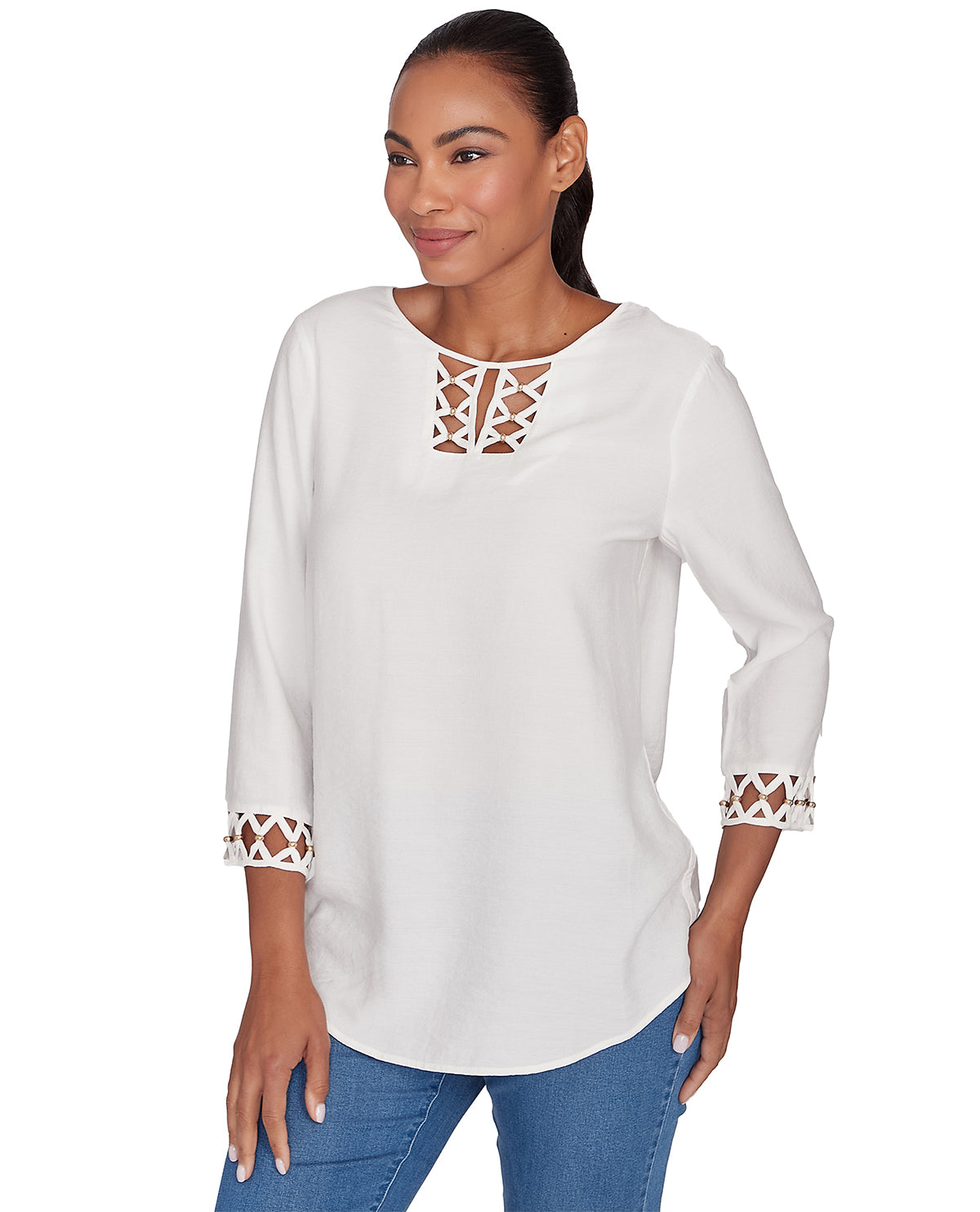 Ruby Road Keep It Natural Embellished Voile Woven Top