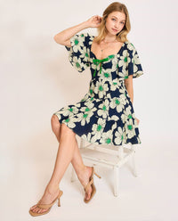 Daisy Floral Print Mini Dress with Ribbon Details