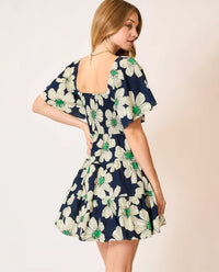 Daisy Floral Print Mini Dress with Ribbon Details