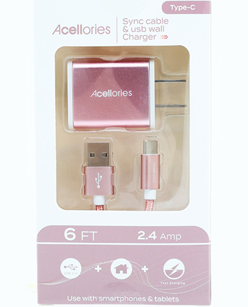 Rose Gold Type-C Sync Cable & Dual-Port Wall Charger for Electronics