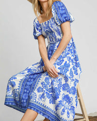 Floral Print Midi Dress with Square Neck Line