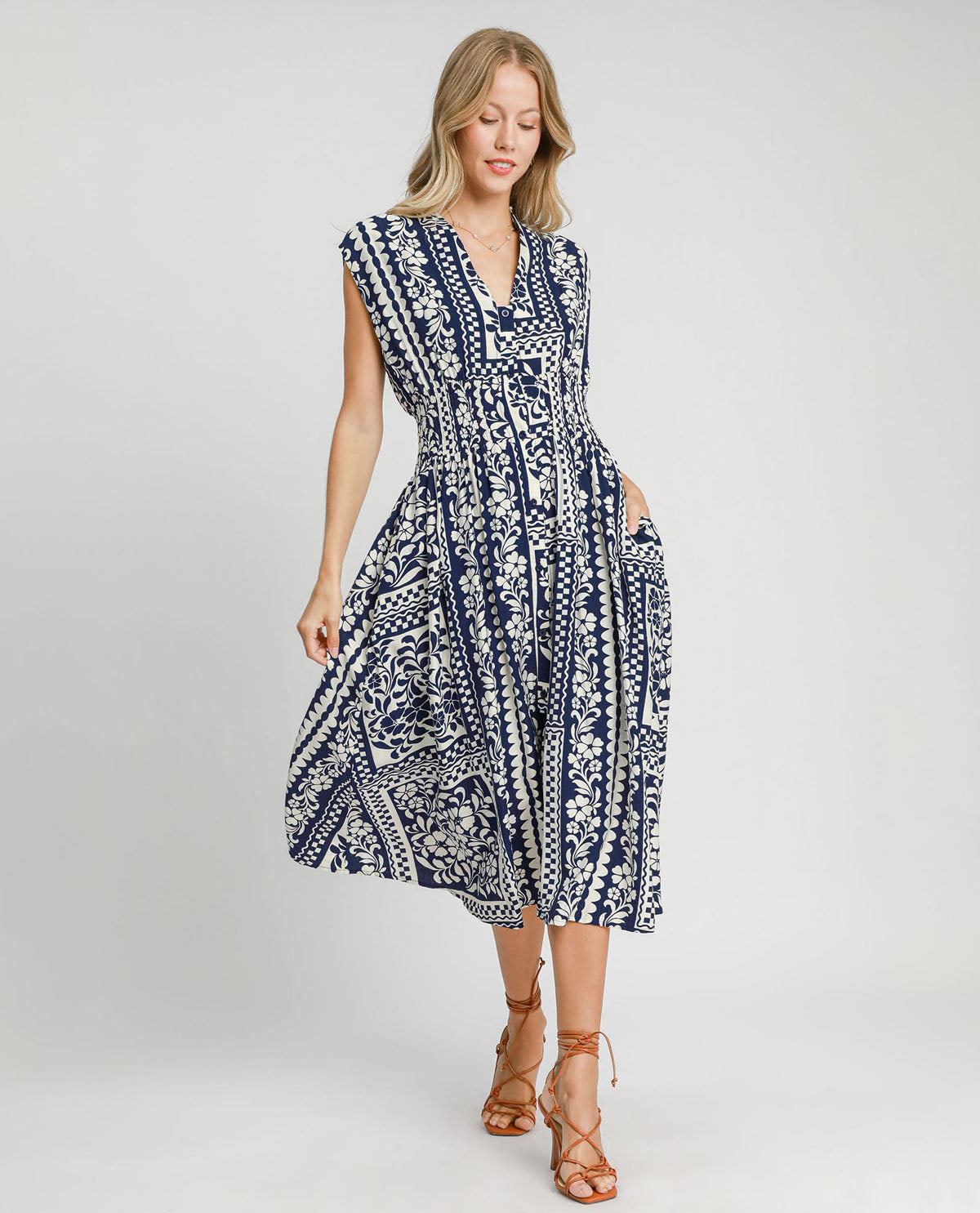 Mixed Print Sleeveless Midi Dress