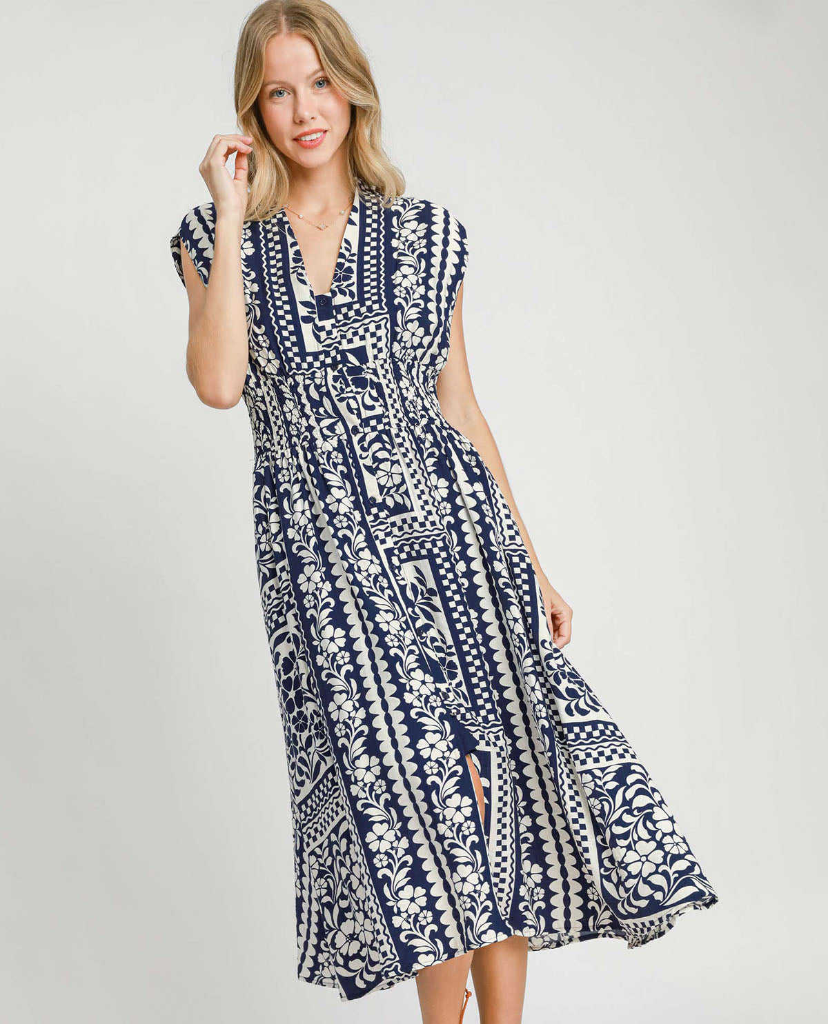 Mixed Print Sleeveless Midi Dress