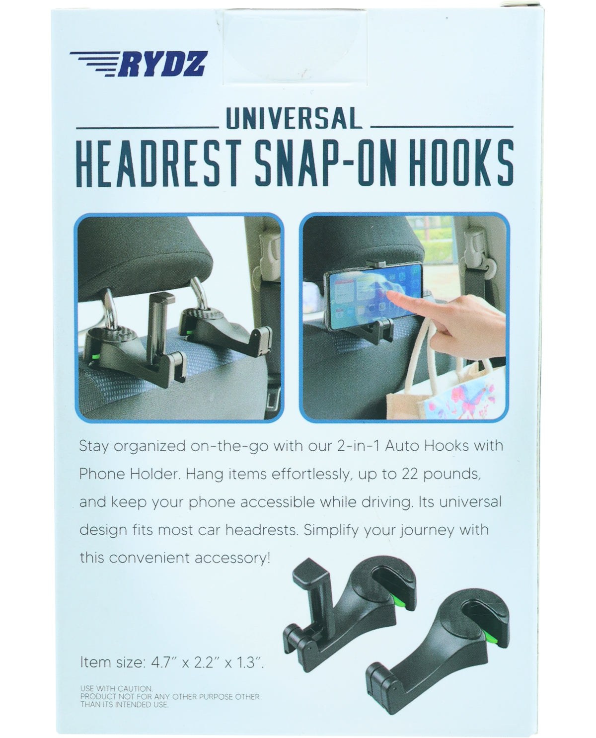 Universal Automotive Headrest Snap-On Hooks with Phone Holder