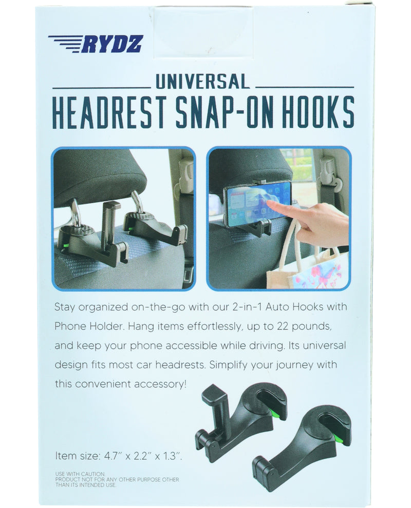 Universal Automotive Headrest Snap-On Hooks with Phone Holder