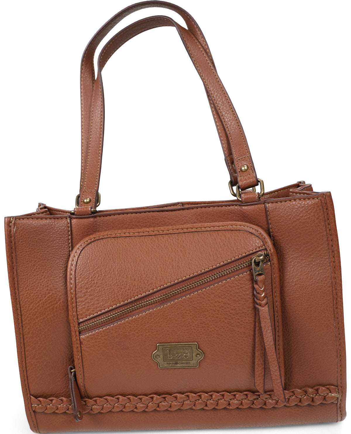 A brown pebbled leather handbag with dual top handles, a diagonal zippered front pocket, a braided trim detail along the bottom, and a brass-tone metal brand plaque on the front.