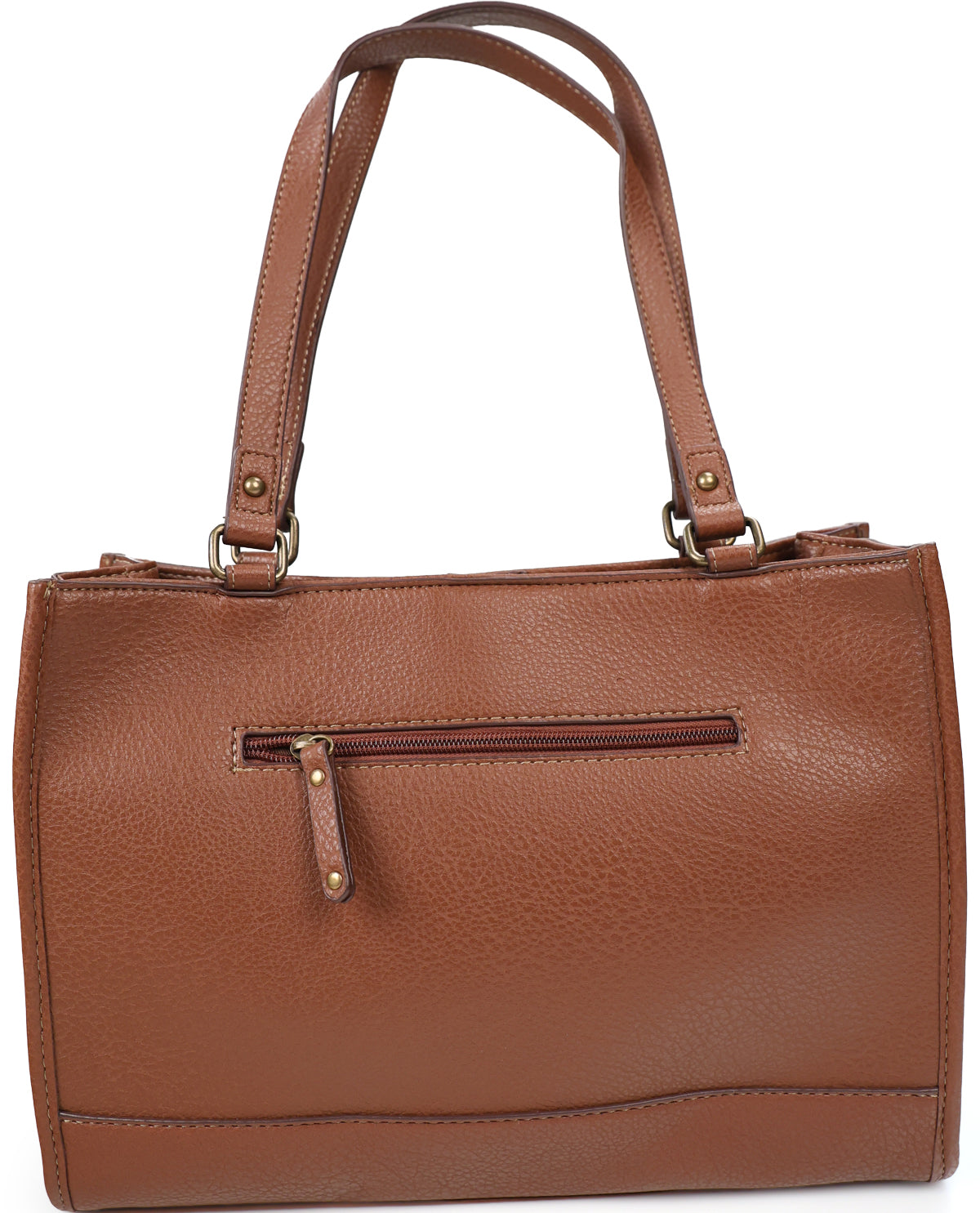 A brown pebbled faux-leather handbag with dual top handles and a front zippered pocket, shown against a plain white background.