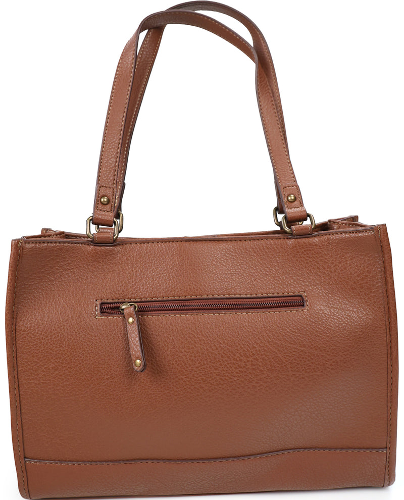 A brown pebbled faux-leather handbag with dual top handles and a front zippered pocket, shown against a plain white background.