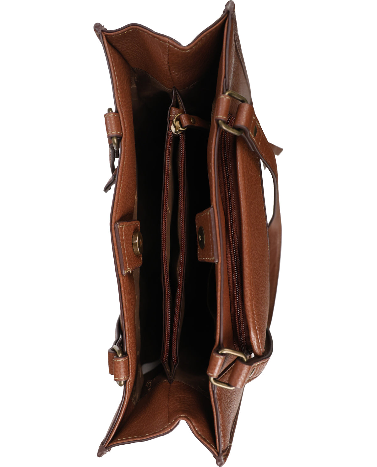 A brown leather tote bag shown from an overhead view, displaying its interior compartments, zipper pockets, and brass-tone hardware against a plain white background.