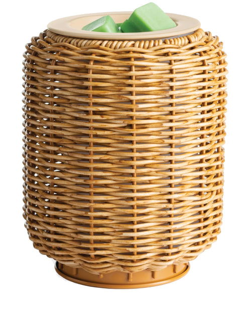 Wicker trash can with a white lid on a white background