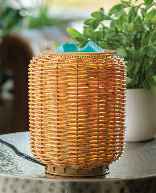 Wicker lantern on a table with plants in the background