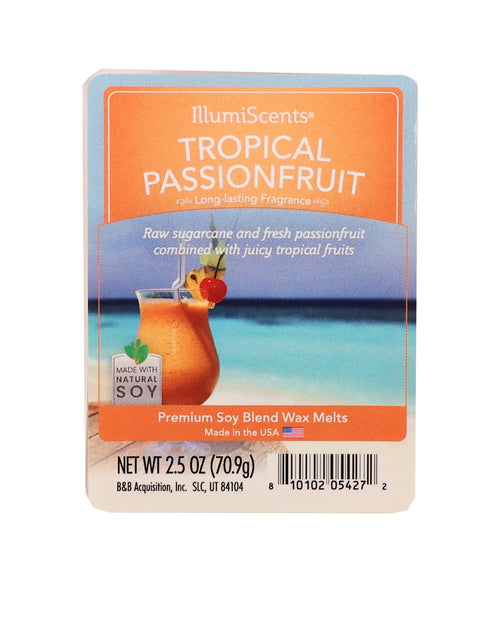 IllumiScents Tropical Passionfruit wax melt packaging with a beach scene and cocktail illustration.