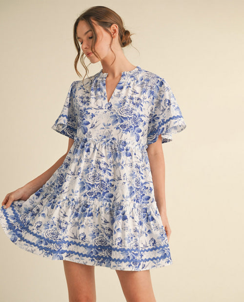 Vintage Blue Floral Print Babydoll Dress