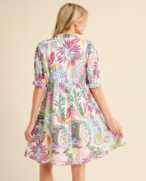 Floral Print Dress with Side Pockets, Frilled Tie Neck, and Puffed Short Sleeves