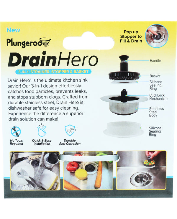 Plungaroo Drain Hero 3-N-1 Strainer, Stopper, & Basket