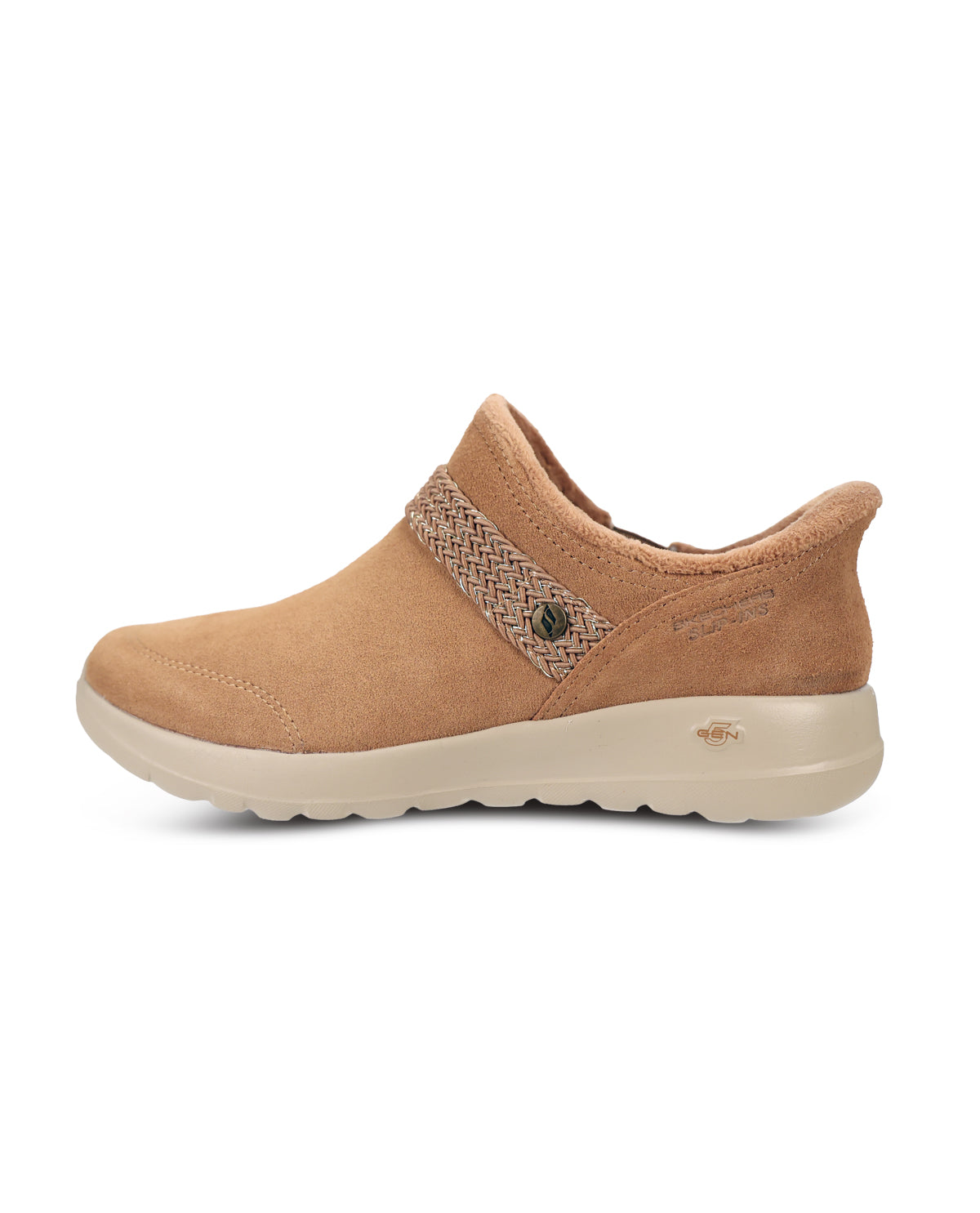 A tan slip-on shoe with a textured woven strap and a light beige sole, shown in profile against a white background.