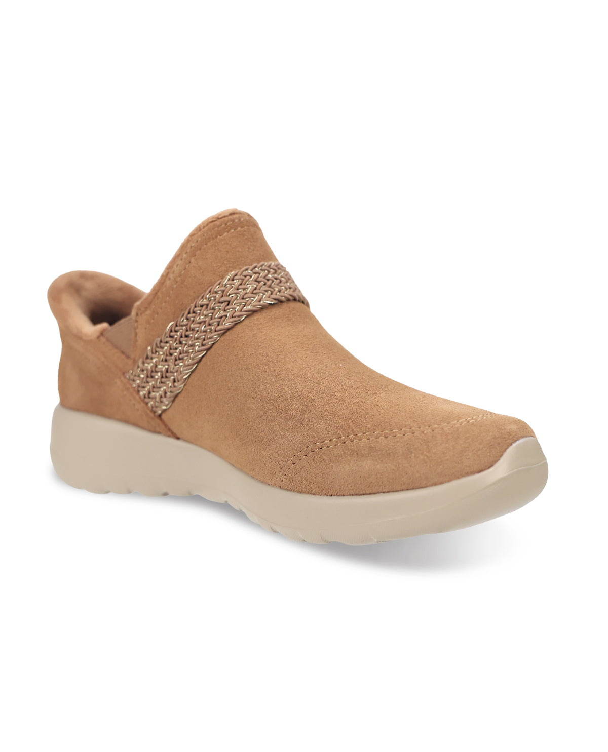 A tan slip-on shoe with a textured woven strap across the instep and a thick beige sole, shown from a three-quarters angle on a white background.