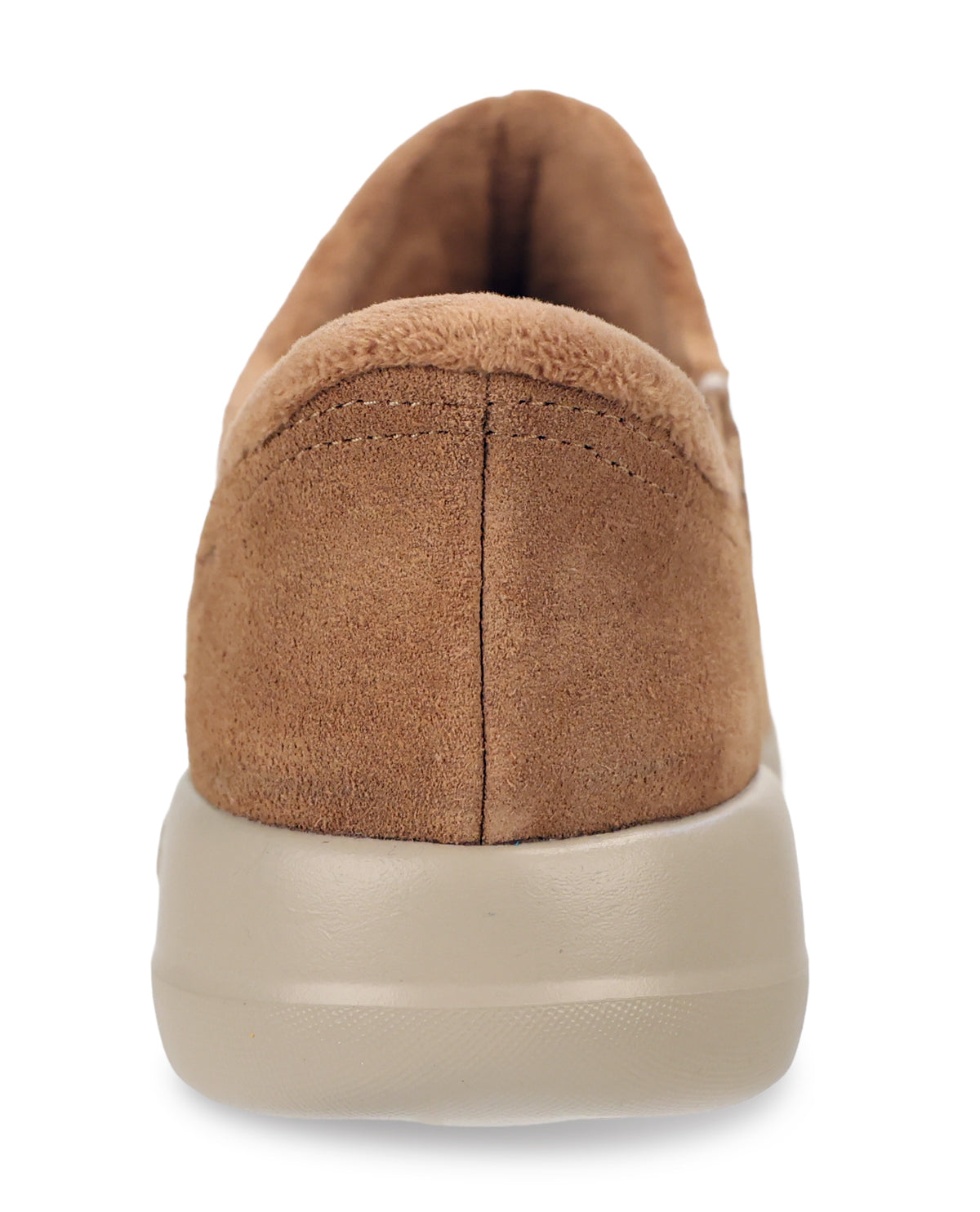 A single tan suede slip-on shoe shown from the back, featuring a soft tan lining and a thick, light beige sole, set against a plain white background.