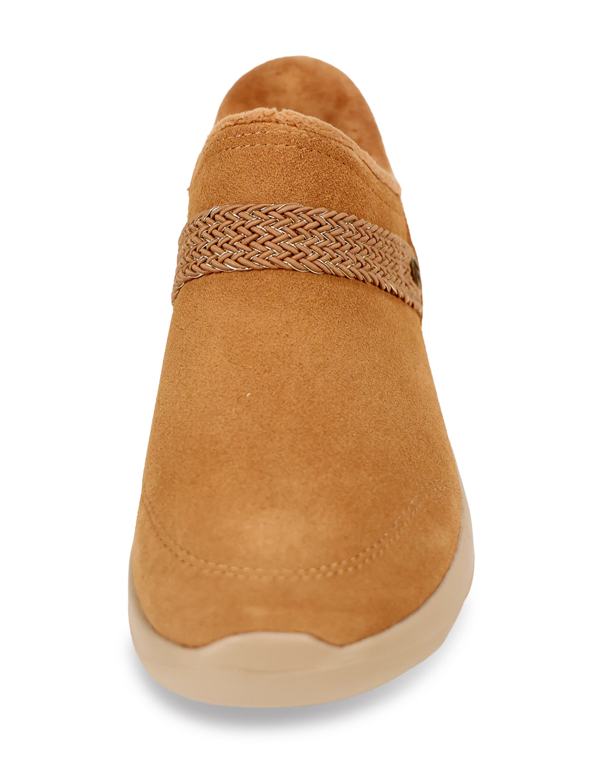 A tan suede slip-on shoe with a braided decorative band across the instep and a light beige sole, shown against a plain white background.