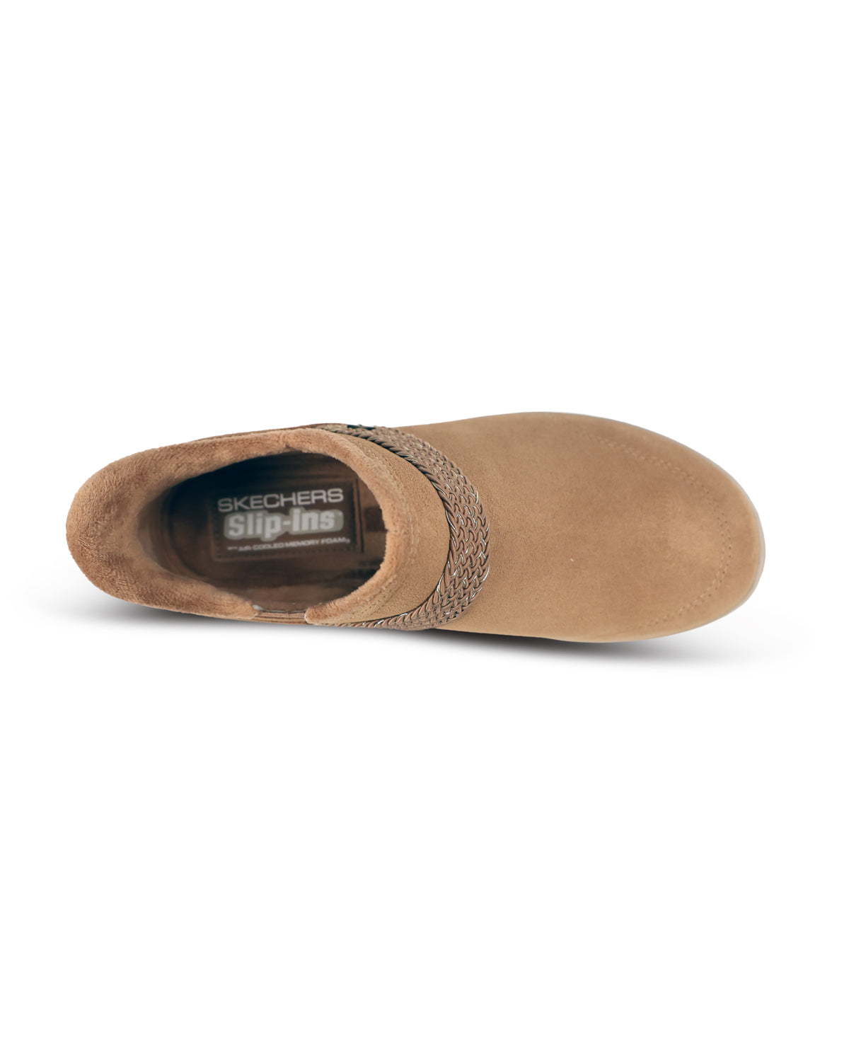 A tan suede slip-on shoe by Skechers, shown from a side profile view against a plain white background.