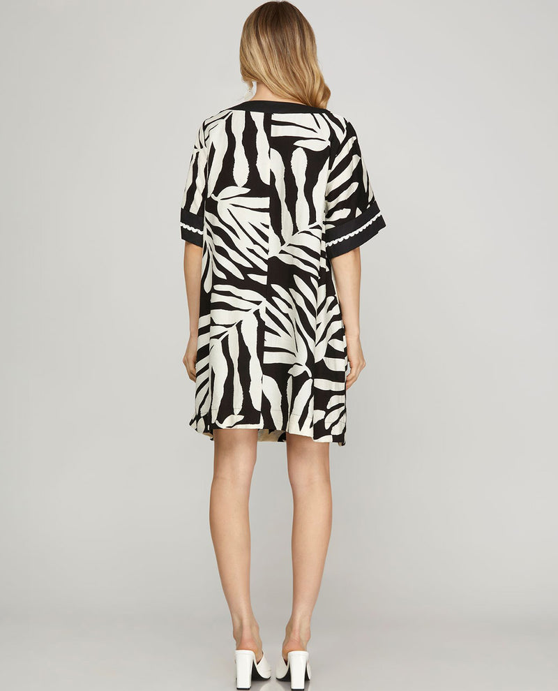 Woven Floral Leaf Dress Black