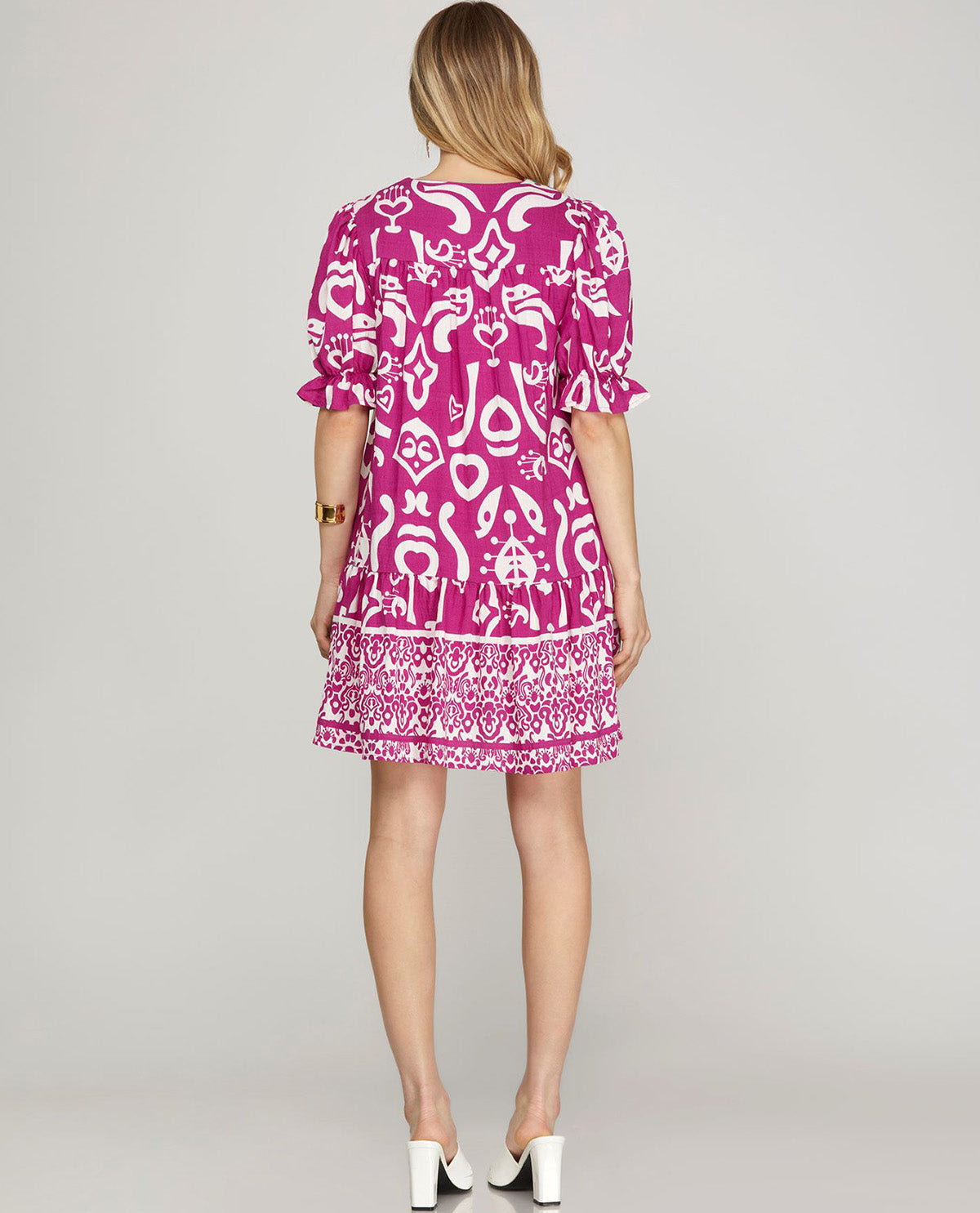 S & S Vneck Collared Pink Abstract Fabric Dress