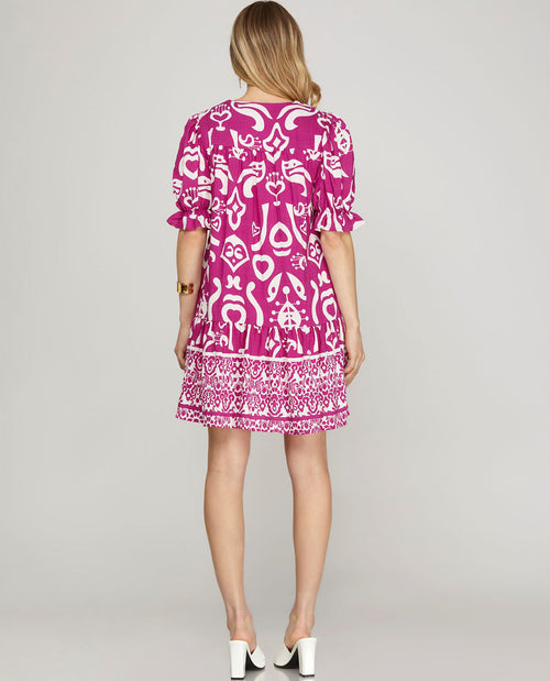 S & S Vneck Collared Pink Abstract Fabric Dress