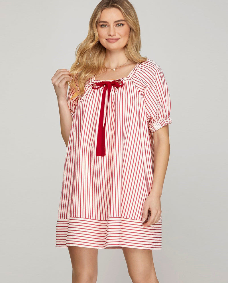 Red Stripe Mini Dress with Tassel Bow Accent