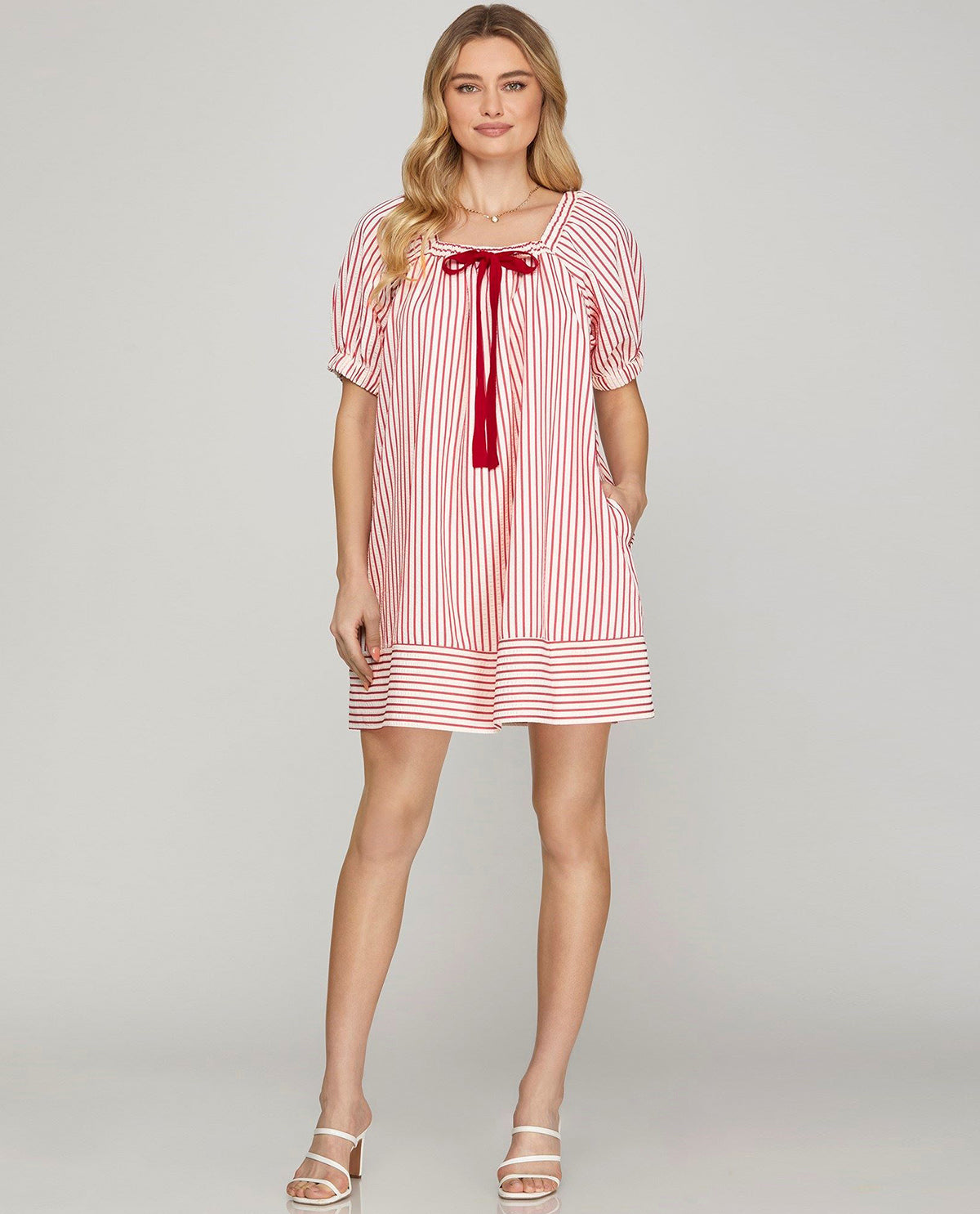 Red Stripe Mini Dress with Tassel Bow Accent