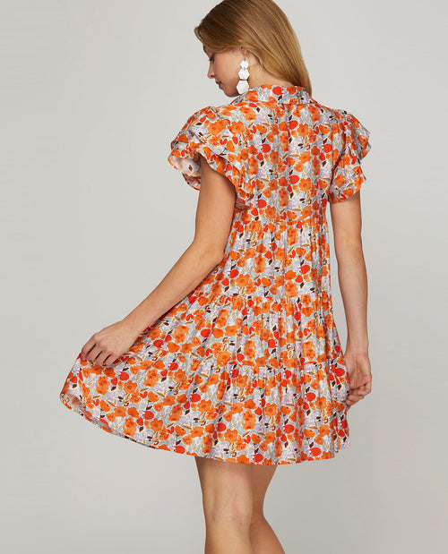 Vibrant Floral Mini Dress with Ruffle Sleeves