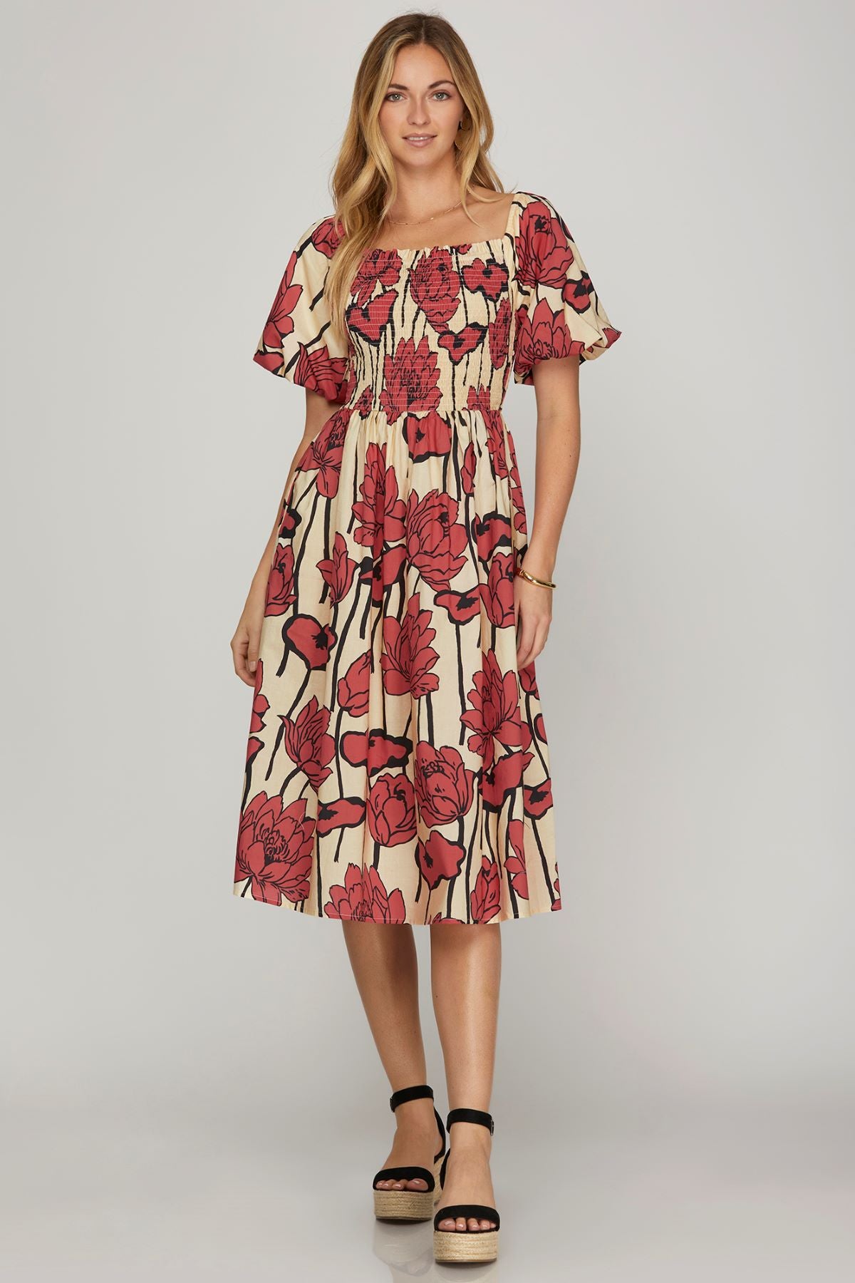 Vintage Blossom Midi Dress with Cuffed Sleeves