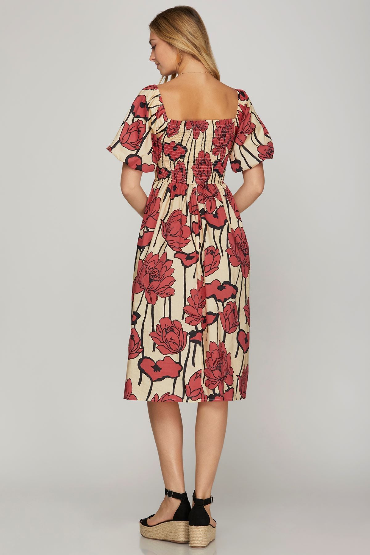 Vintage Blossom Midi Dress with Cuffed Sleeves