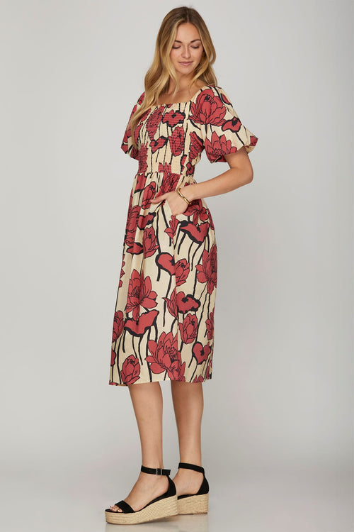 Vintage Blossom Midi Dress with Cuffed Sleeves