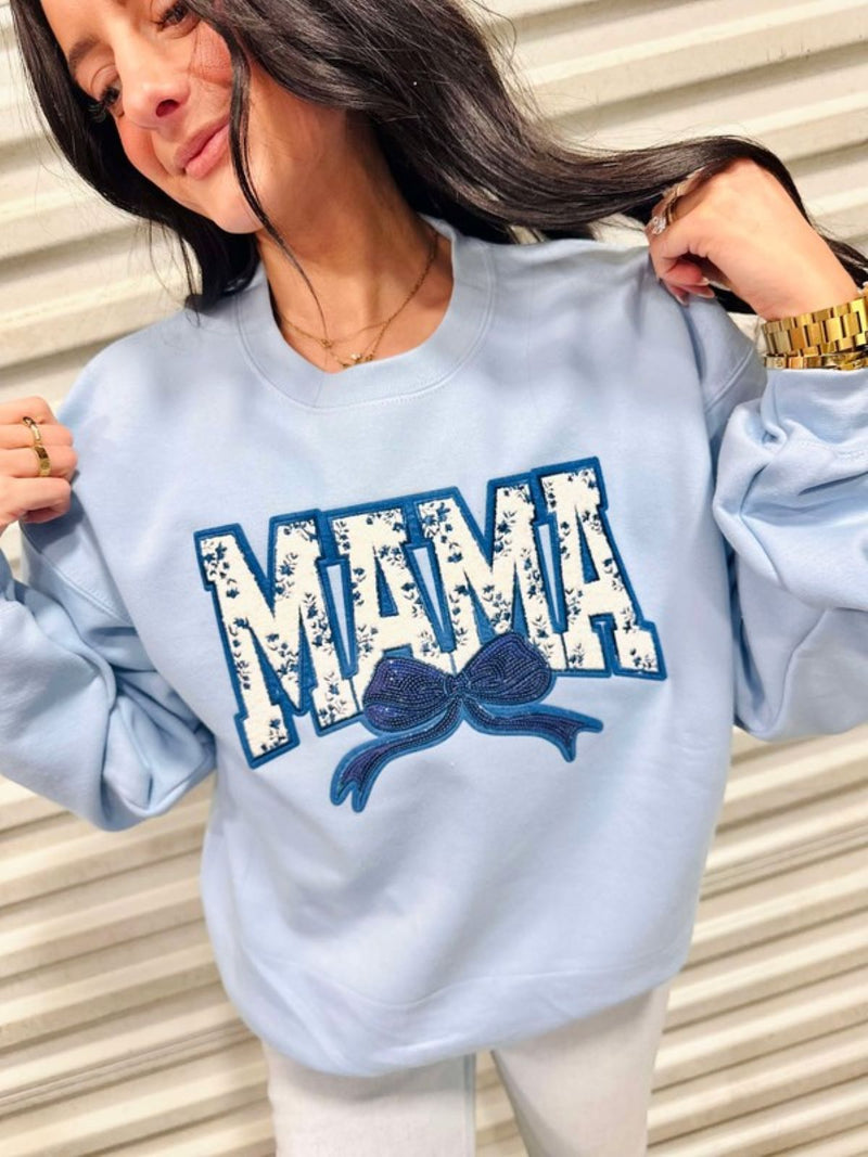 Mama Blue & Pink Bow Short Sleeve Tee