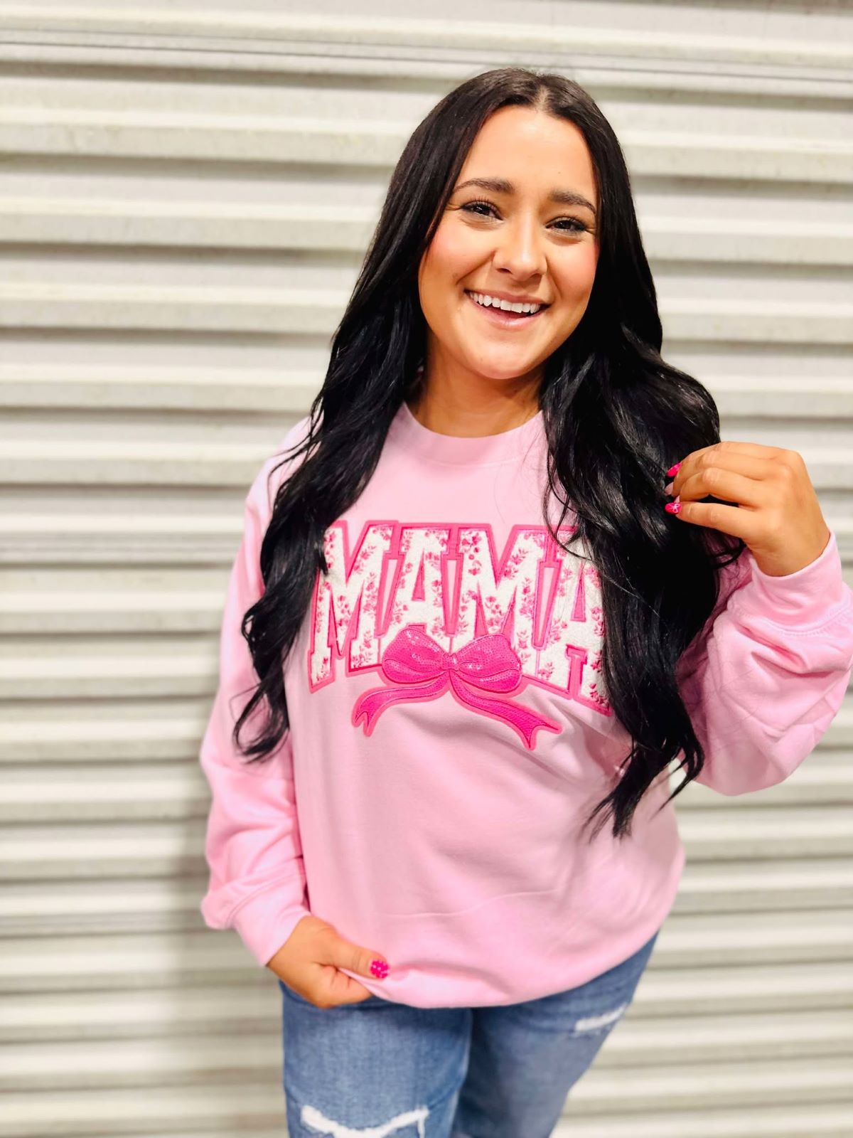 Mama Blue & Pink Bow Short Sleeve Tee