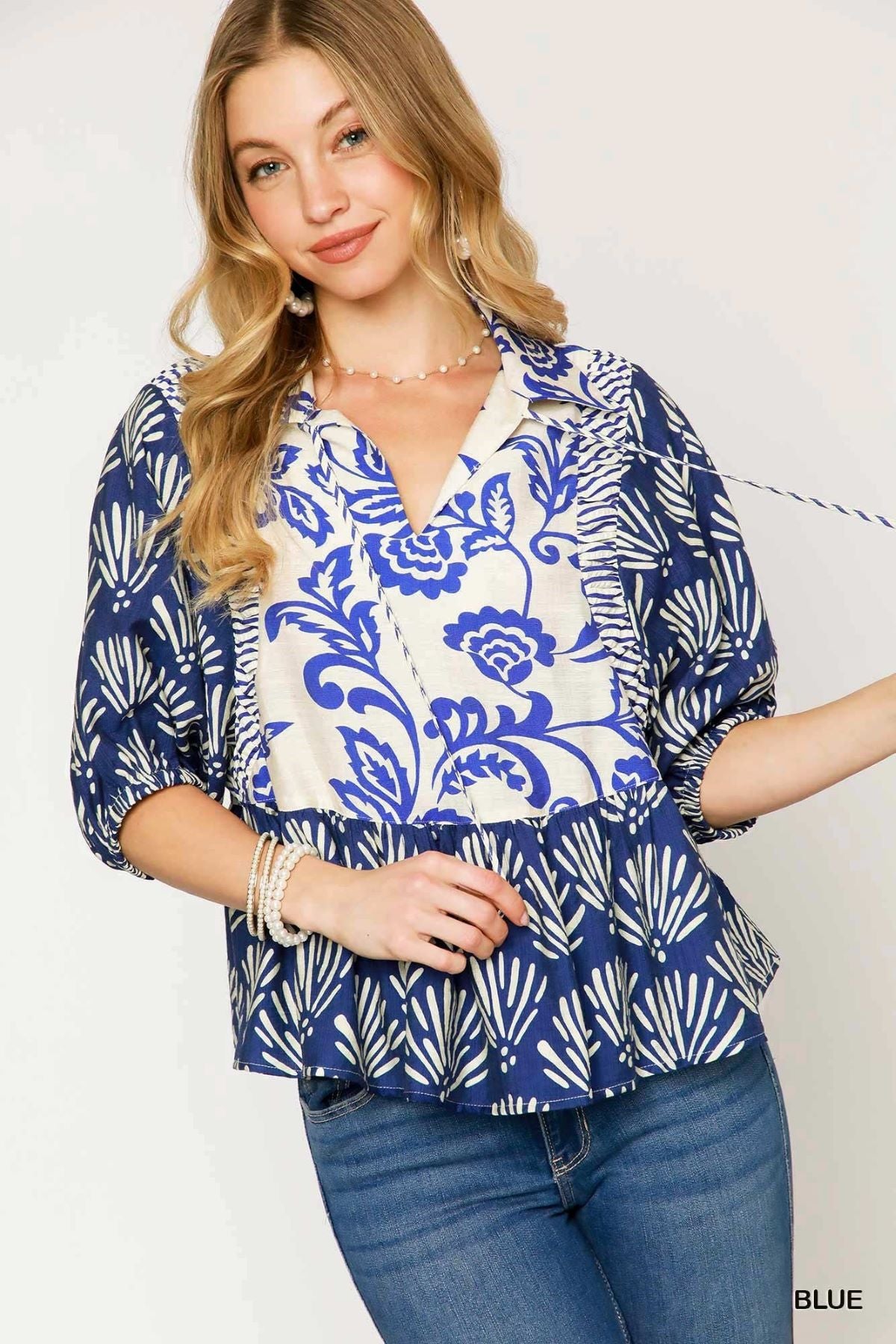 Abstract Print V-Neck Top with Puff Sleeves