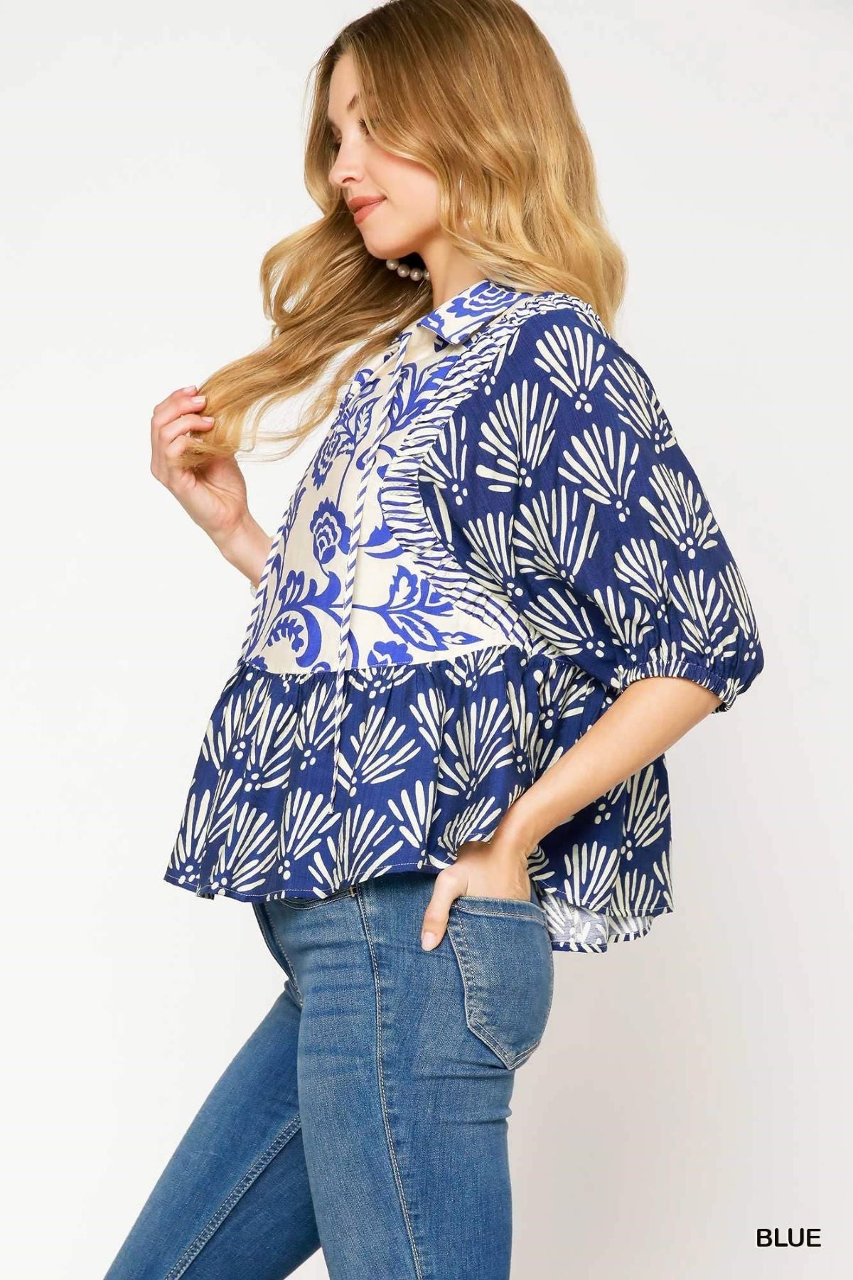 Abstract Print V-Neck Top with Puff Sleeves