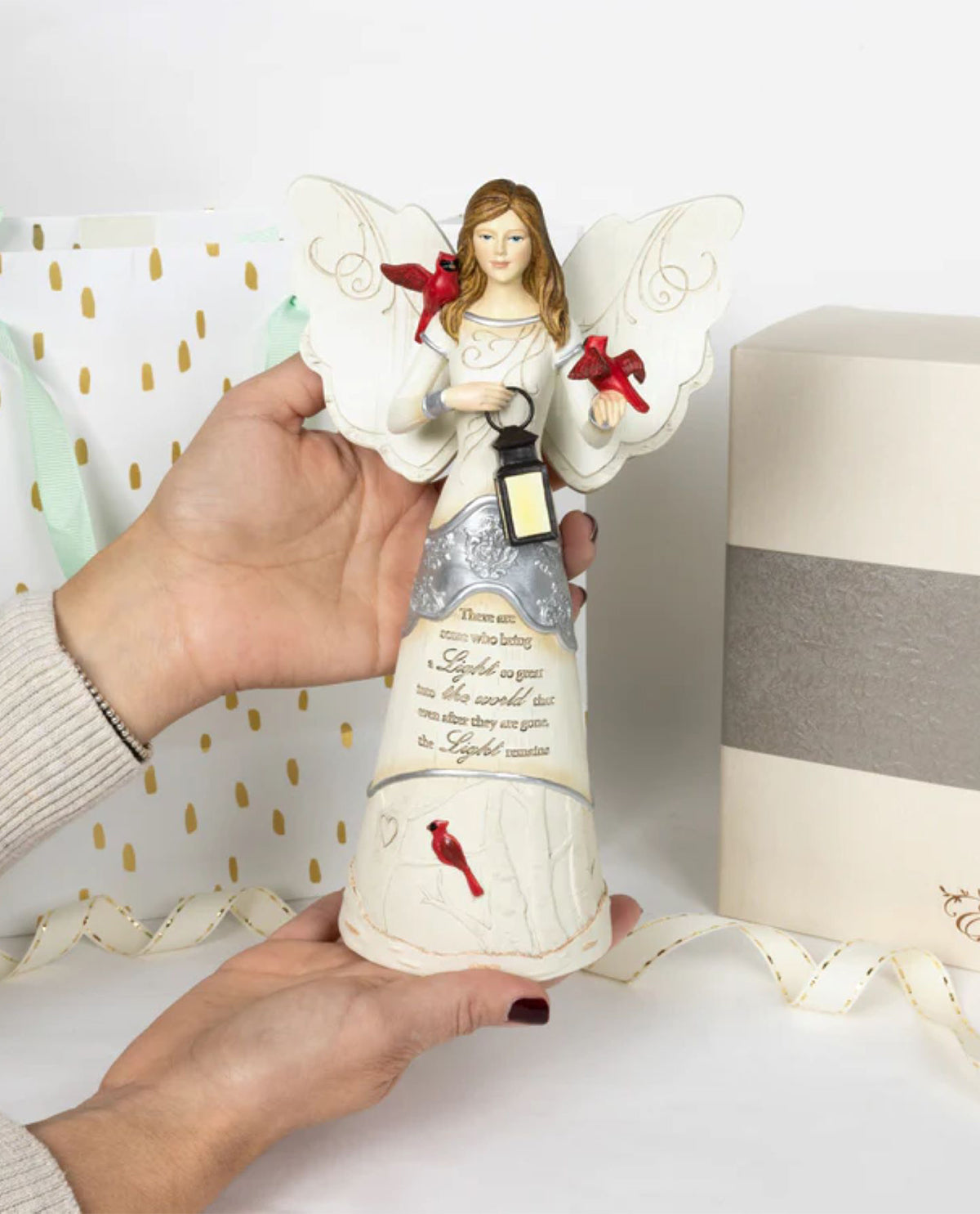 Angel & Cardinals with Lantern Memorial Figurine